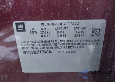 2015 Chevrolet Malibu 1Lt z USA, uszkodzony, nr VIN 1G11C5SL6FF354944